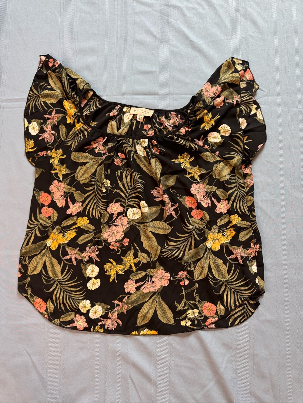 Floral Off-Shoulder Blouse - Black with Pink & Yellow Flowers. Philosophy